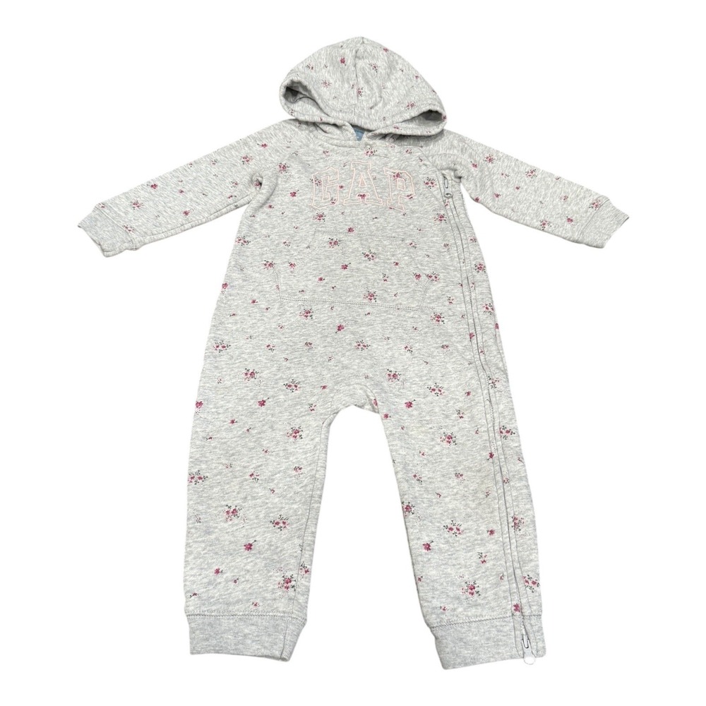 Gap Y2K One Piece Sweatsuit 18-24 Months Full Zip Pink Floral Gray Spell‎ Out